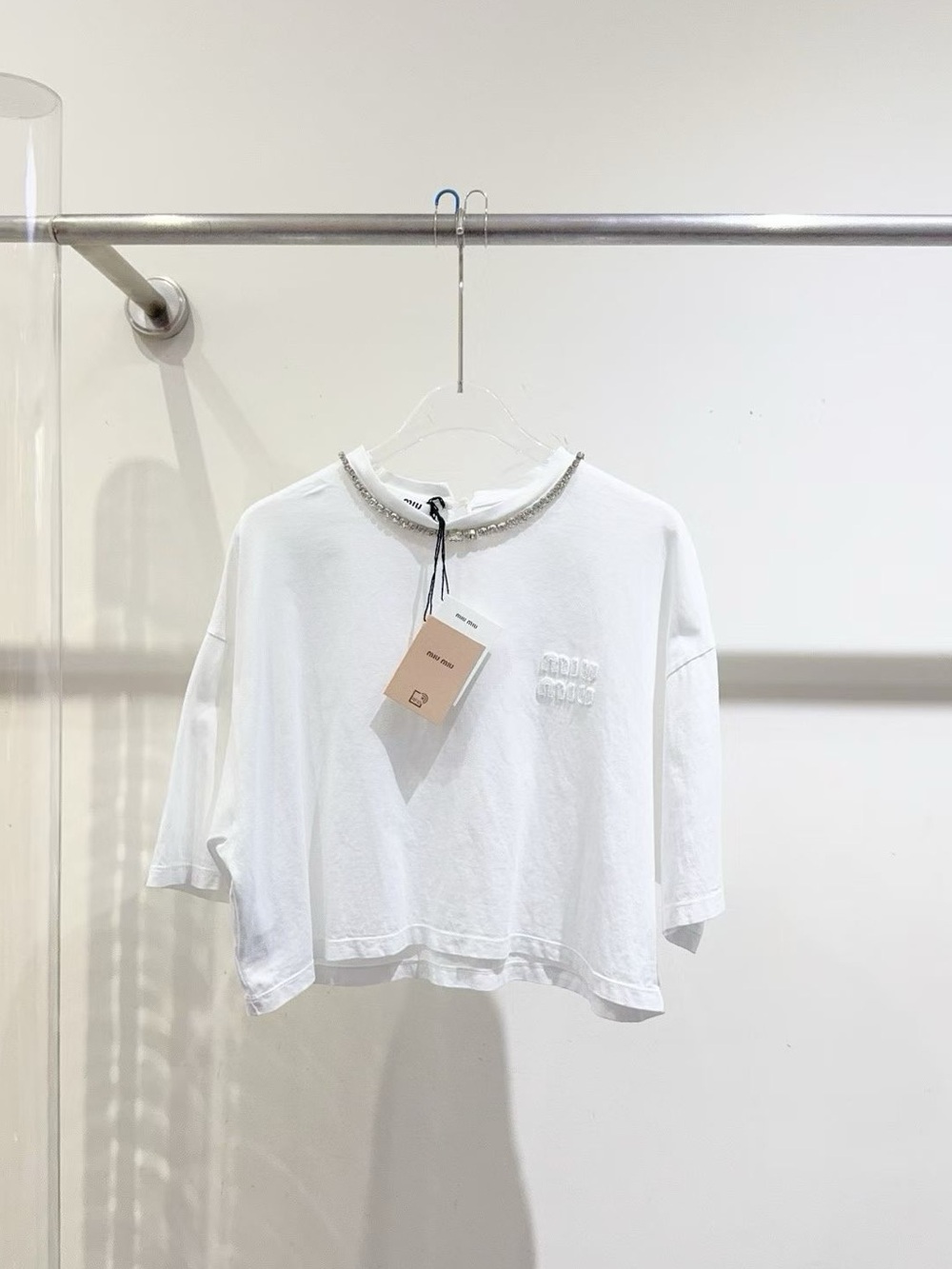 Miu Miu White Cropped Short-Sleeve Tee with Beaded Neck